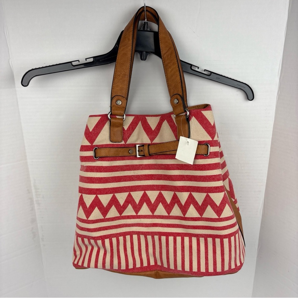Cato Canvas Tote Bag Red Cream Faux Leather Trim Aztec Geometric Tribal Boho